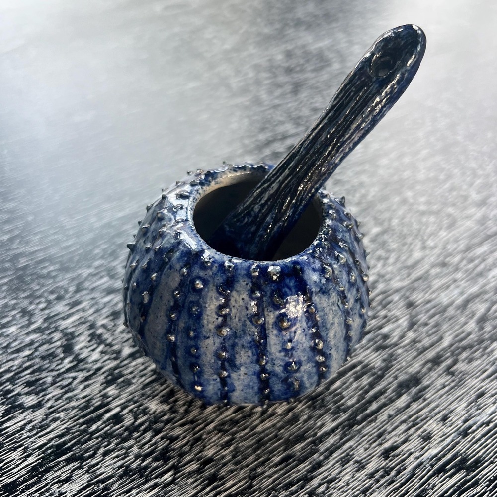 Handmade Sea Urchin pottery sugar bowl and‎ spoon